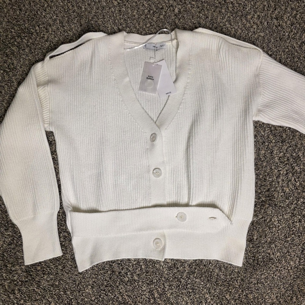 Mango‎ Sweater Cardigan Womens Medium White V Neck Ribbed Button Front Cropped